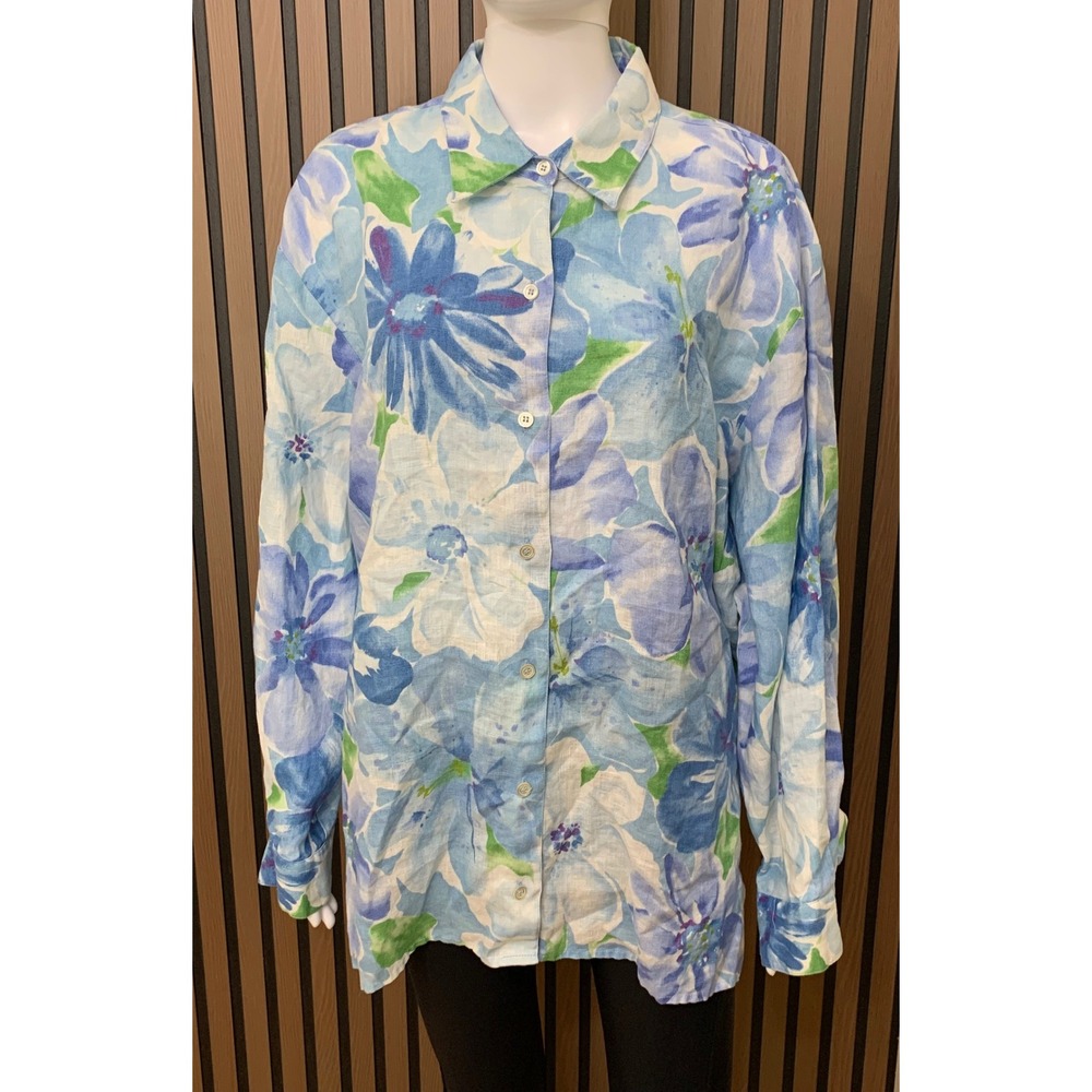 Liz Claiborne Lizsport Blue Floral 100% Linen Button Shirt XL Long Sleeve Top
